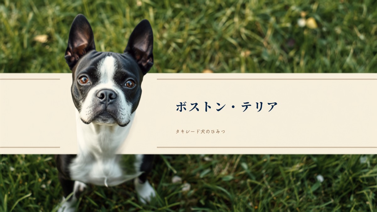 芝生の上でこちらを見上げるボストン・テリア